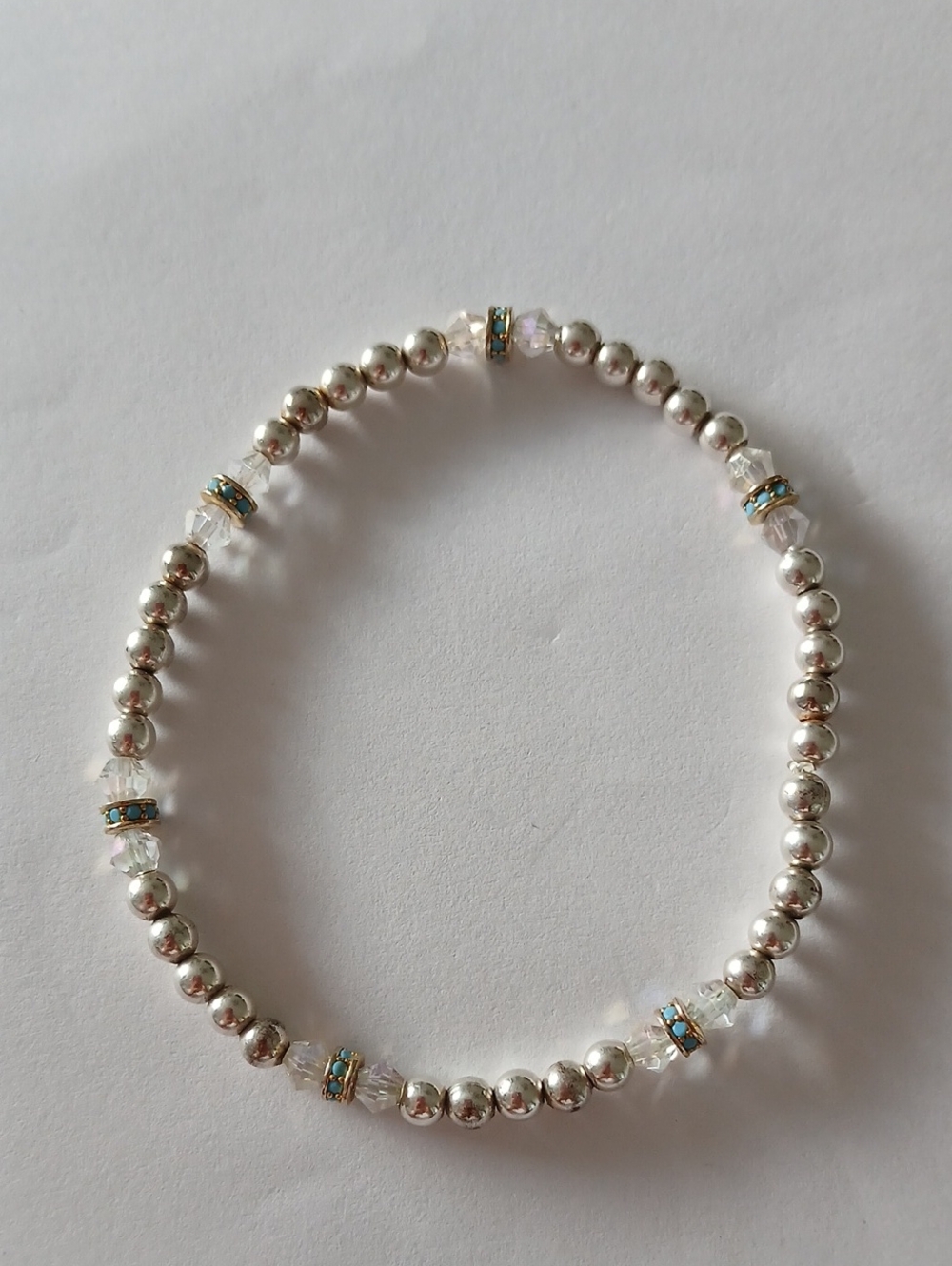 Sterling Silver 925 Beaded  Bracelet with Turquoise And Clear Crystal Accents